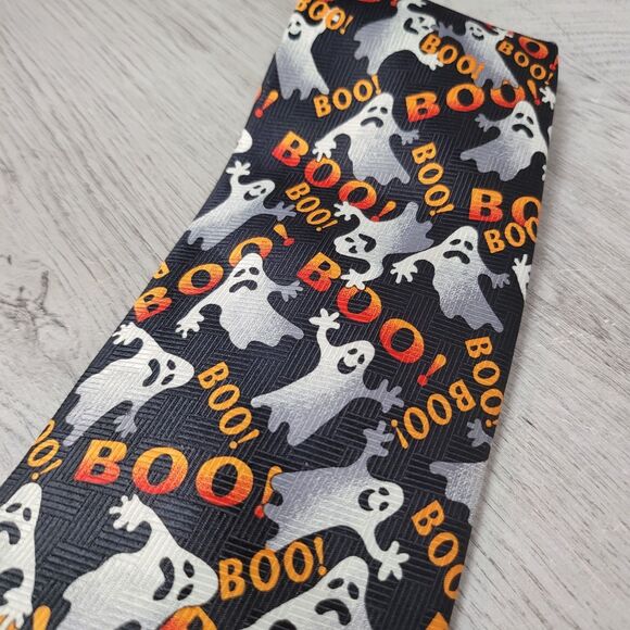 Halloween Ghost Boo Tie Necktie Mens Black Preowned EUC - Picture 3 of 3